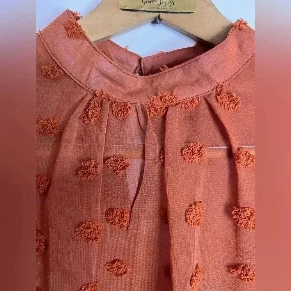 SHEIN Orange Blouse with Pom Poms and a Singapore Collar Size Lg. - Picture 3 of 10